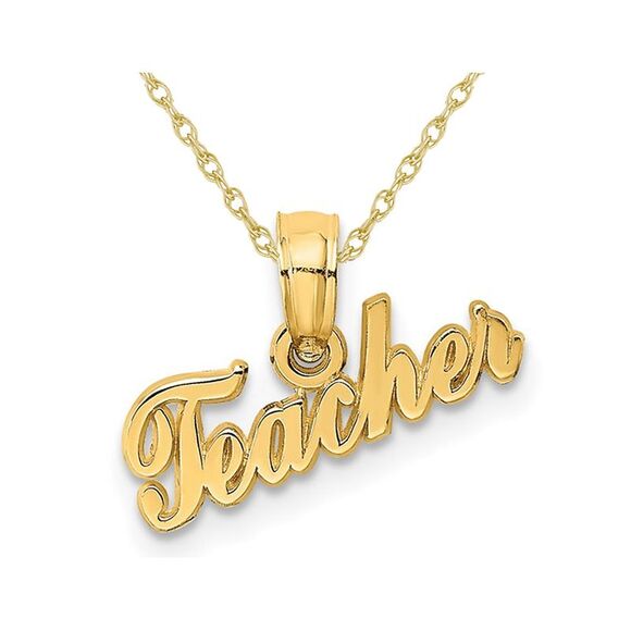 14K Yellow Gold #1 TEACHER Charm Pendant Necklace with Chain
